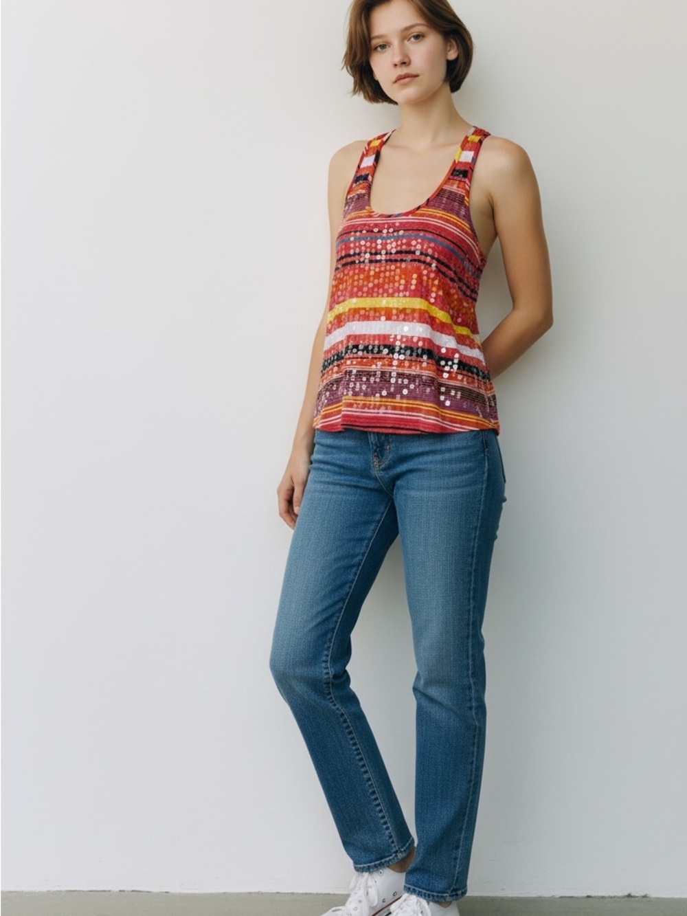 BONGO Y2K Vintage Multicolor Striped Racerback Sequins Tank Top Size Large